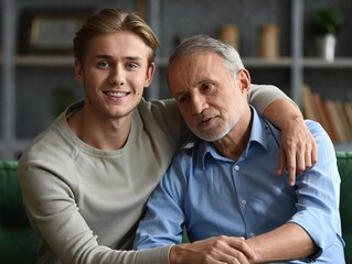 Young man embraces his elderly father with love and support