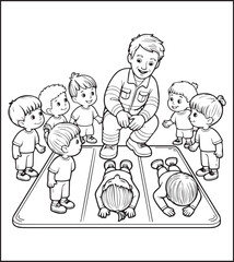 Coloring page for kids, Cute firefighter works for rescue vector line art illustration for coloring book