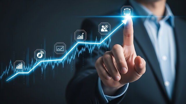 Business growth concept with person pointing at rising graph and achieving goals leading to global success in digital era