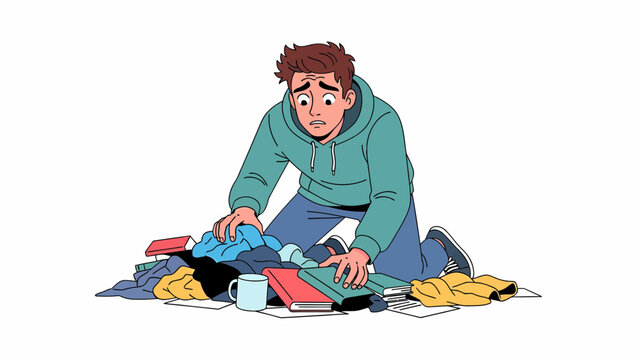 Frustrated Man Looking For Something in Messy Pile Cartoon