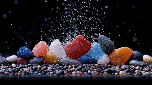 Close-up of colorful pebbles with water droplets against a dark background. The pebbles are arranged in a row, with water falling from above.