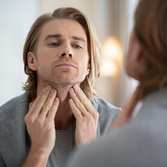 Man examining his beard stubble in the mirror