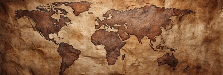 Antique World Map Illustration on Textured Background with Detailed Continents and Landmasses
