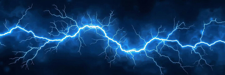 A vibrant bright blue lightning bolt with intense electric sparks and radiant glowing energy emanates