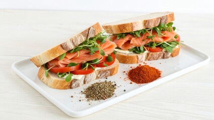 Delicious open faced sandwiches with smoked salmon and fresh vegetables on white plate