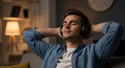 Young man wearing headphones relaxing with eyes closed at home