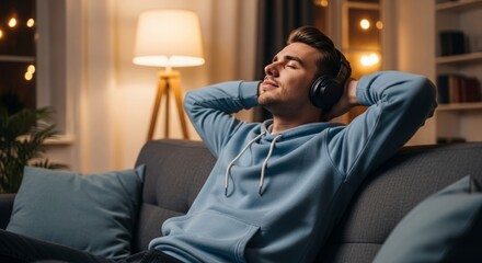 Young man relaxing on a couch listening to music with headphones