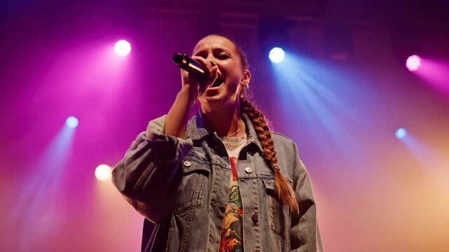 Singer performs on stage with microphone. Vocalist engages live audience under colorful lights. Crowd raises hands and cheers during concert. Music fills venue and energy is electric. Fans sing along.