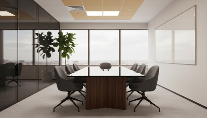 Modern empty office conference room with a large glossy table, grey chairs, and glass partition walls in a bright, contemporary business interior