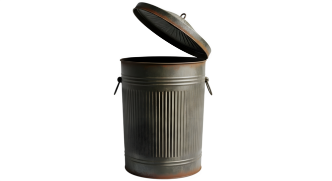 Vintage metal trash can with open lid isolated on transparent background