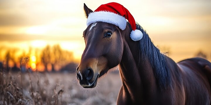 Festive horse portrait adorned with a Santa Claus hat, celebrating the winter season at dusk