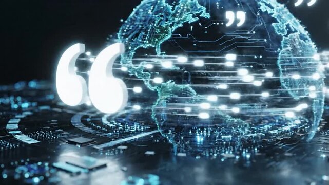 Glowing digital earth with circuit patterns and prominent quotation marks on dark background