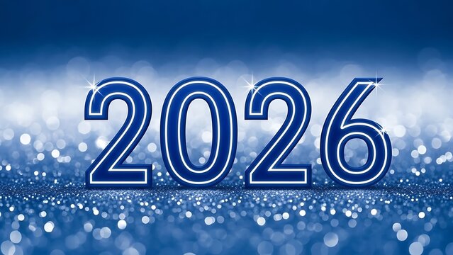 Bright blue glittery background with the year 2026 in bold numbers