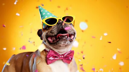 Party dog celebrates with confetti. Bulldog wears party hat sunglasses and bow tie. Pet enjoys birthday celebration in studio. Yellow background adds festive mood. Fun portrait for pet birthday ideal.