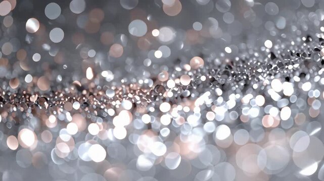 Close-up of sparkling silver and rose gold glitter with bokeh effect, creating a shimmering and festive background.