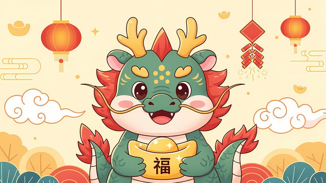 Cute cartoon chinese dragon holding gold ingot celebrating the lunar new year with red lanterns and fireworks