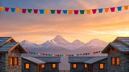 Naklejka premium Himalayan village rooftops at sunrise with colorful flags