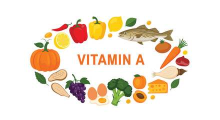 Obraz premium Educational illustration showing an oval arrangement of various foods rich in vitamin A like carrots fish eggs and pumpkin.
