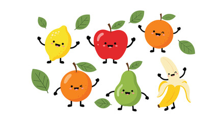 Naklejka premium A joyful group of six cute cartoon fruit characters including an apple pear and banana surrounded by floating green leaves.