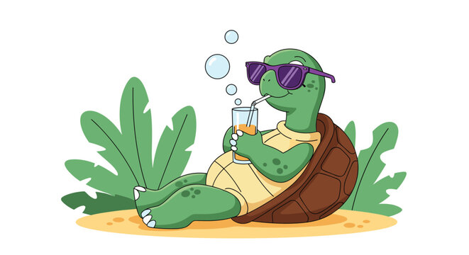A cool cartoon turtle wearing sunglasses relaxing on the sand and sipping a drink with a straw from a tall glass.