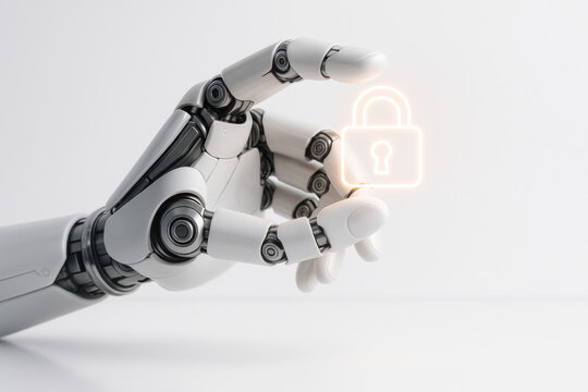 robotic hand with articulated fingers protecting a glowing padlock icon symbolizing advanced artificial intelligence in safeguarding data and ensuring network protection against cyber threats - Powered by Adobe
