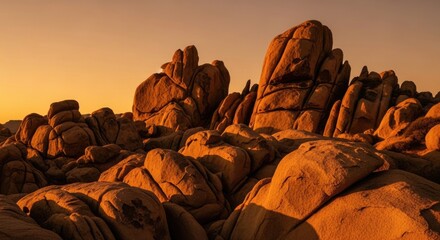 Golden hour bathes the majestic rock formations of joshua tree national park, casting long shadows and highlighting the intricate textures of the ancient stone landscape