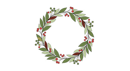 Fototapeta premium A beautiful and elegant hand-drawn wreath made of green leaves and small red and green berries in a circular arrangement.