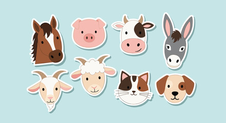 Obraz premium Adorable sticker collection of various farm and domestic animal heads on a light blue background for children's decorations.
