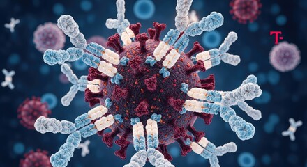 Antibodies attacking a sarscov2 virus cell, the virus that causes covid19 disease, conceptual image of the immune system attacking a pathogen, 3d render
