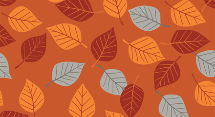 Seamless autumn pattern with colorful stylized leaves in orange red and gray on a warm brown background for seasonal decor.