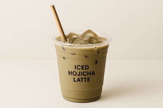 iced hojicha latte a refreshing cold drink with ice cubes and a paper straw served in a clear plastic cup on a light background representing a popular modern beverage choice