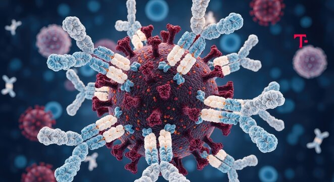 Antibodies attacking a sarscov2 virus cell, the virus that causes covid19 disease, conceptual image of the immune system attacking a pathogen, 3d render - Powered by Adobe