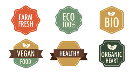 Set of six vintage-style labels and badges for natural food products including farm fresh eco bio vegan and healthy.