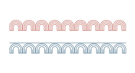 Two decorative border elements made of repeating semi-circle arch patterns in red and blue line art for design.