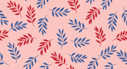 Seamless botanical pattern with red and blue textured leaves scattered on a soft pink background for a modern design.