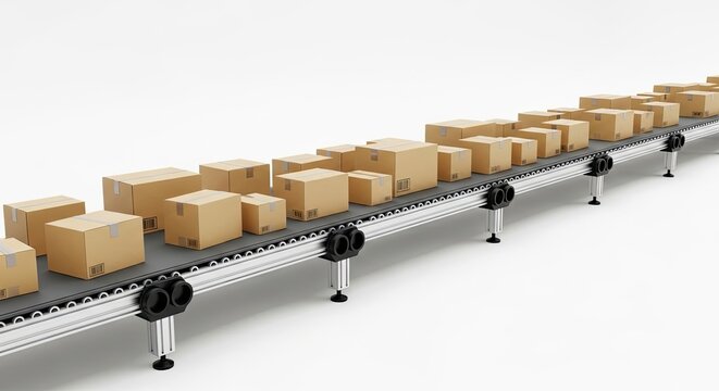 Cardboard boxes on conveyor belt isolated on white background, symbolizing logistics, delivery, and automation in manufacturing and distribution processes