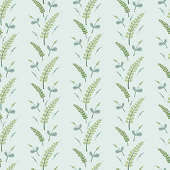 Elegant, hand drawn vector seamless pattern featuring delicate olive and sage green botanical fern and sprig elements on a soft mint background, ideal for natural digital paper or textile design.