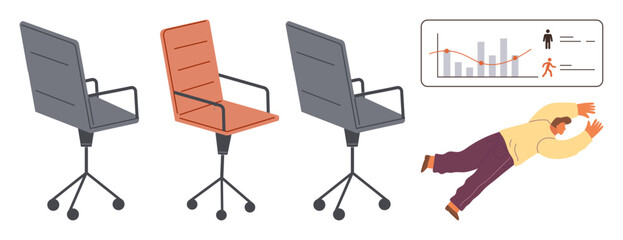 Vacant office chairs, graph with figures, and a falling businessman representing job loss, career setback, or layoffs. Ideal for workplace, career, HR, unemployment performance economy