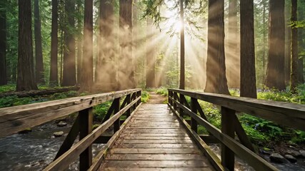 Wooden bridge over stream in sunlit forest with mist rising - Powered by Adobe