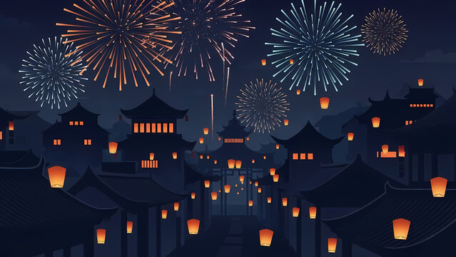 A festive scene of lunar new year celebrations in a chinese village with fireworks and lanterns lighting up the night sky