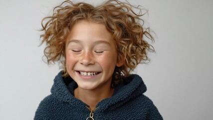 Excited child with curly hair expresses joy and enthusiasm, showcasing a vibrant smile and playful energy, as the camera smoothly zooms in to capture the emotion and connection
