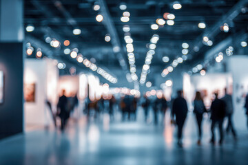 Blurred view of people walking through a modern indoor exhibition hall with bright ceiling lights creating a vibrant and dynamic atmosphere