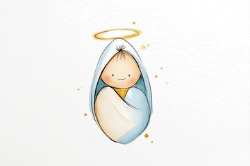 Soft watercolor illustration of baby Jesus with golden halo wrapped in cloth on white background for peaceful Christmas art