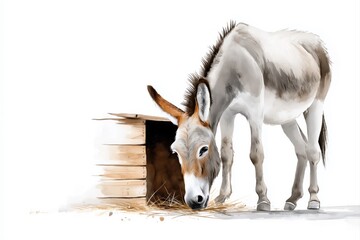Soft watercolor illustration of a donkey near manger on white background with calm pastel tones for Christmas designs