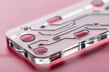 Transparent polycarbonate microfluidic chip with serpentine microchannels and integrated microvalve pockets on rose mint gradient