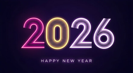 Neon glowing 2026 happy new year text with vibrant electric light effect