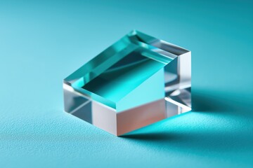 Precision fused-glass optical prism block with clean refractive faces and monolithic geometry on cyan gradient
