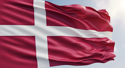 Denmark national flag proudly waving in the wind against a bright sky