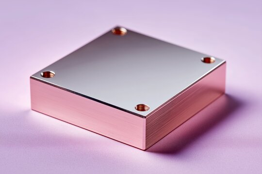 Polished copper IGBT baseplate with planar heat-spreading surface and beveled perimeter on soft violet gradient