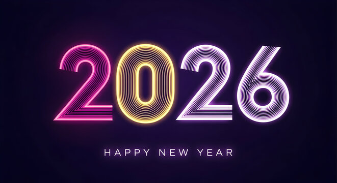 Neon glowing 2026 happy new year text with vibrant electric light effect